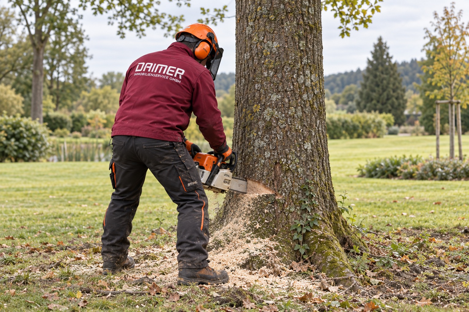 Illustrative Darstellung eines Mitarbeiters in Daimer-Arbeitskleidung bei Baumarbeiten