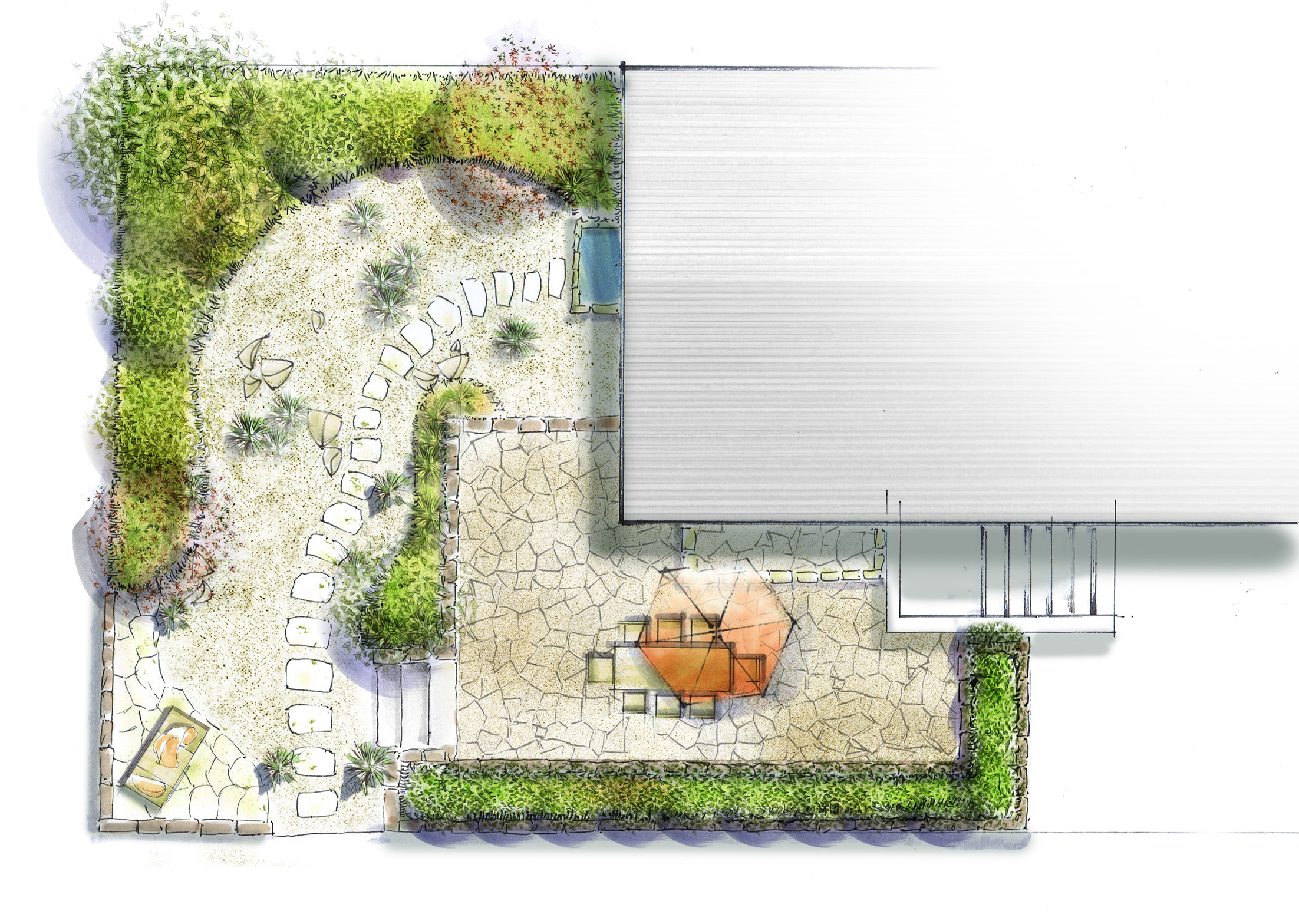 Planung einer Außenanlage mit Natursteinwegen, Terrasse und bepflanzten Flächen